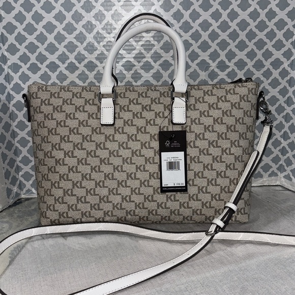 Karl Lagerfeld Authentic Taupe White Silver Satchel New With Tags - Picture 4 of 6